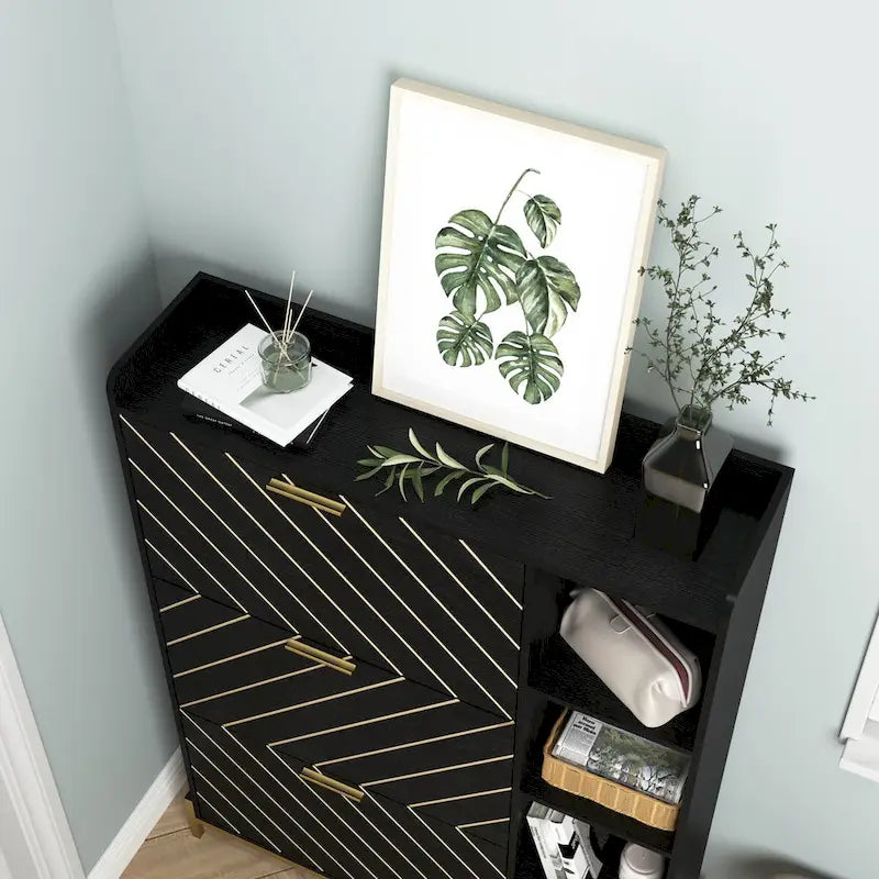 Slim Flip-Door Shoe Cabinet with 3 Drawers and Open Shelves