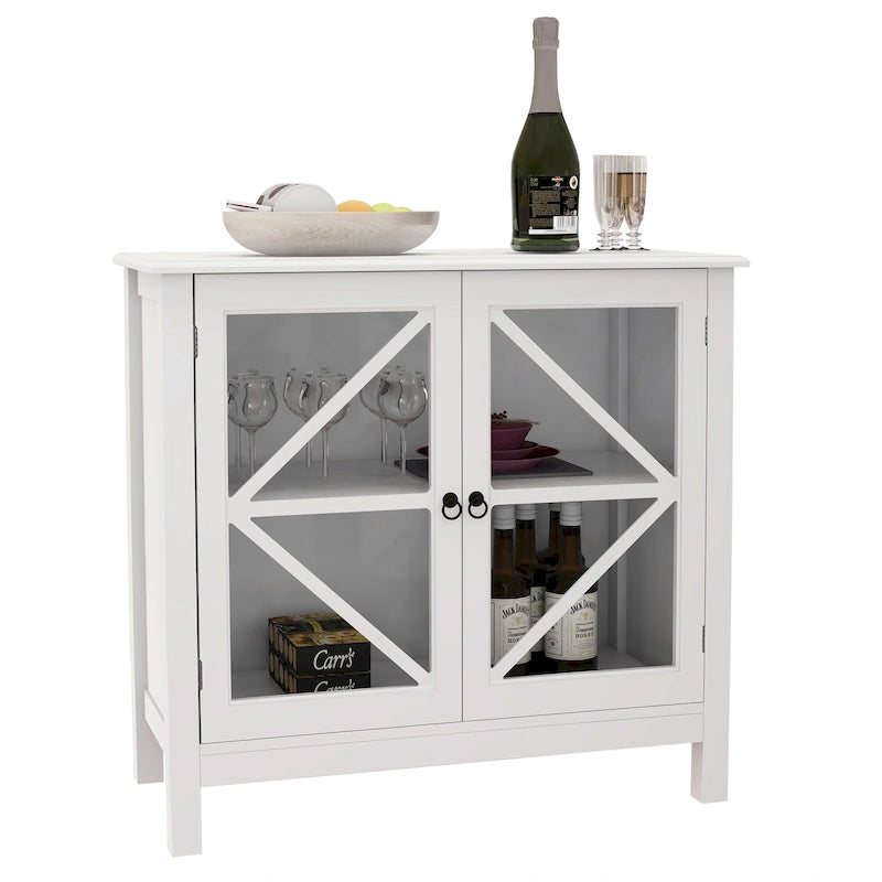Rustic Kitchen Cabinet with Double Glass Doors, Wood Legs and Metal Knobs