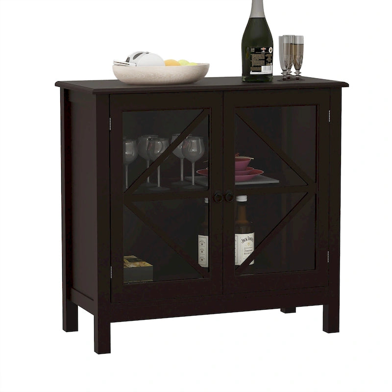 Rustic Kitchen Cabinet with Double Glass Doors, Wood Legs and Metal Knobs
