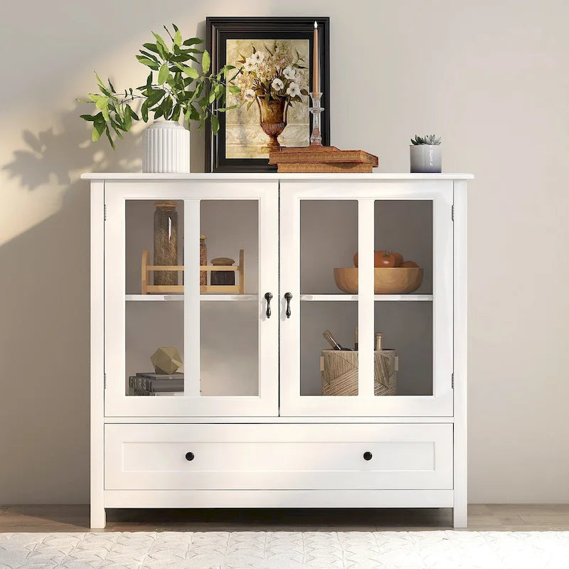 Rustic Kitchen Cabinet with Double Glass Doors, Wood Legs and Metal Knobs