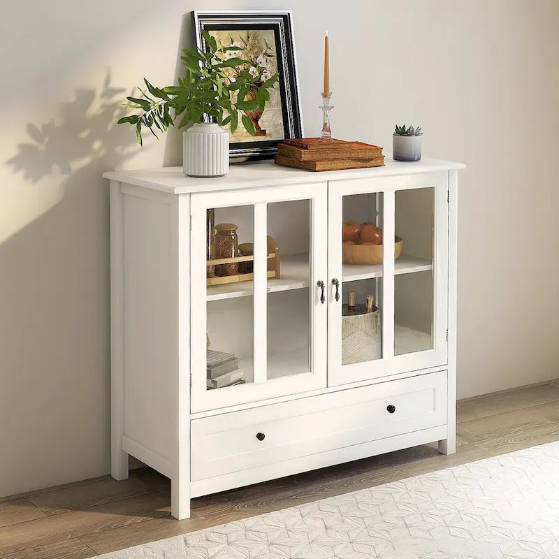 Rustic Kitchen Cabinet with Double Glass Doors, Wood Legs and Metal Knobs