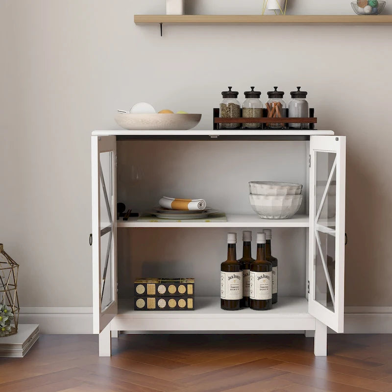 Rustic Kitchen Cabinet with Double Glass Doors, Wood Legs and Metal Knobs