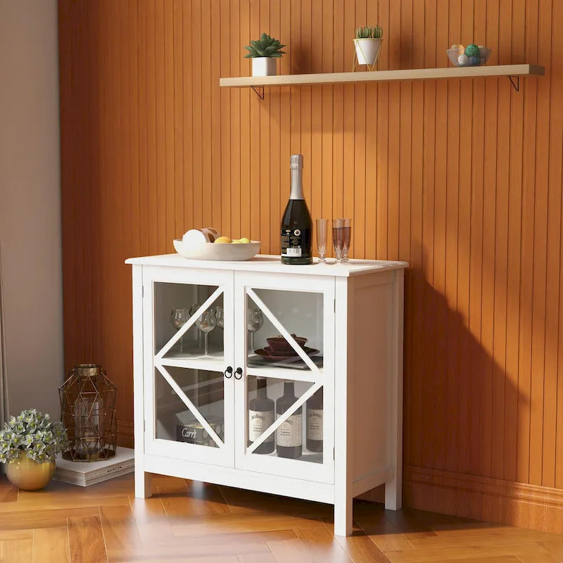 Rustic Kitchen Cabinet with Double Glass Doors, Wood Legs and Metal Knobs
