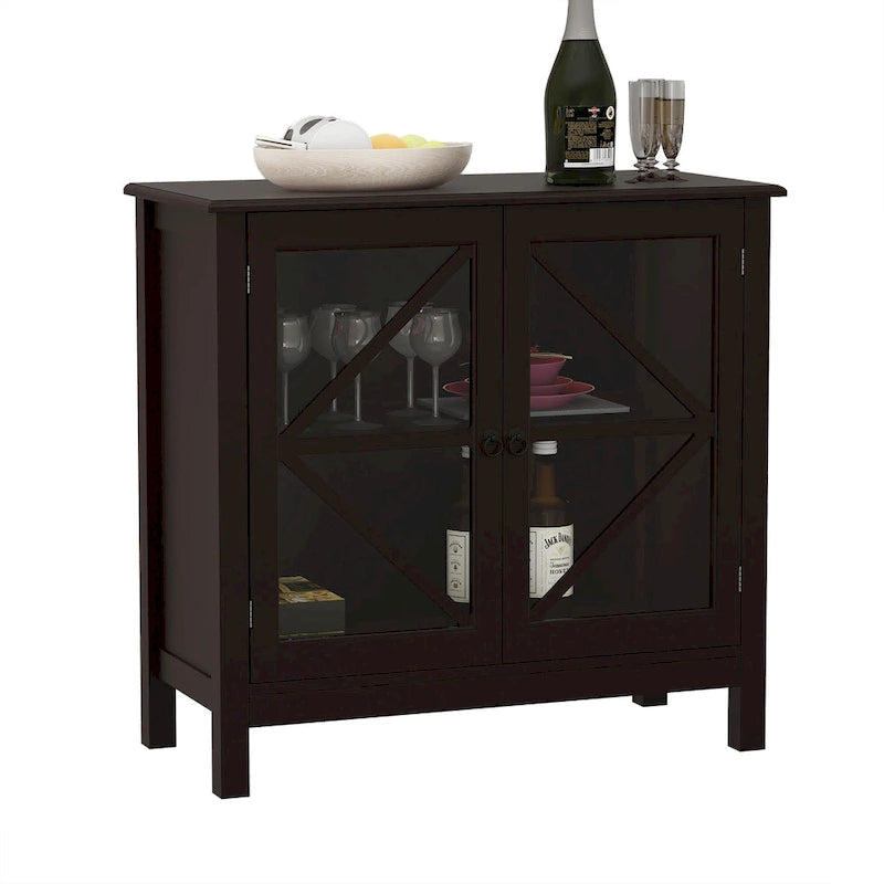 Rustic Kitchen Cabinet with Double Glass Doors, Wood Legs and Metal Knobs