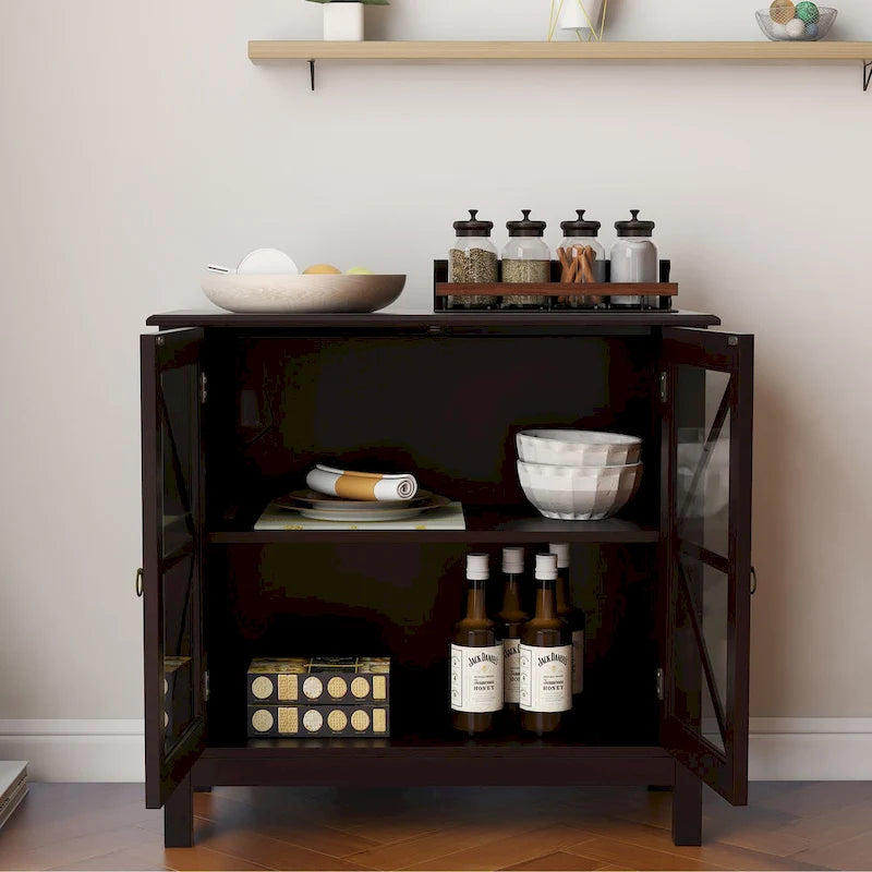 Rustic Kitchen Cabinet with Double Glass Doors, Wood Legs and Metal Knobs
