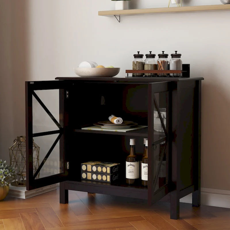 Rustic Kitchen Cabinet with Double Glass Doors, Wood Legs and Metal Knobs