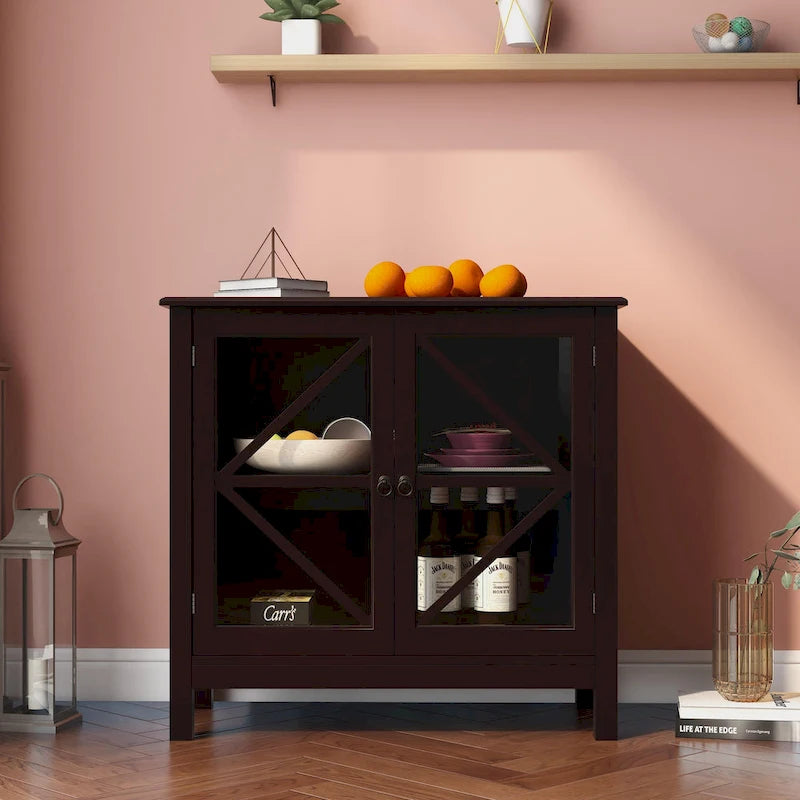Rustic Kitchen Cabinet with Double Glass Doors, Wood Legs and Metal Knobs