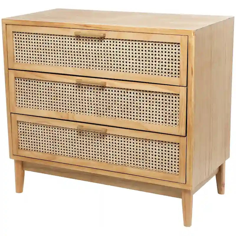 3-Drawer Wood Storage Cabinet with Cane Front Drawers and Gold Handles - Light Brown or Black