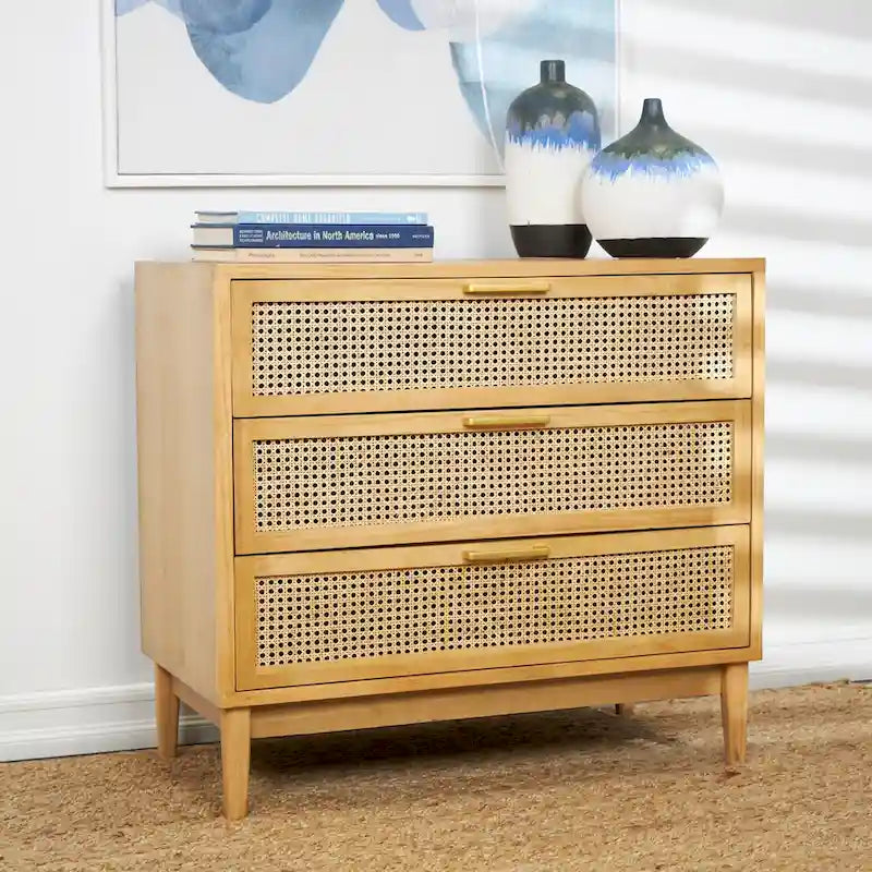 3-Drawer Wood Storage Cabinet with Cane Front Drawers and Gold Handles - Light Brown or Black