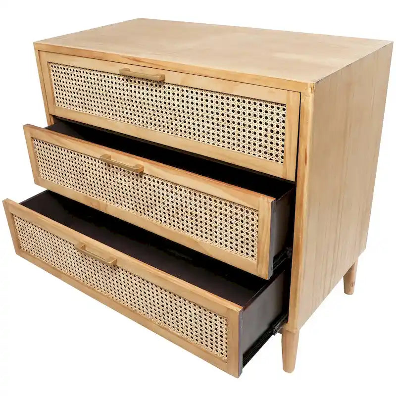 3-Drawer Wood Storage Cabinet with Cane Front Drawers and Gold Handles - Light Brown or Black