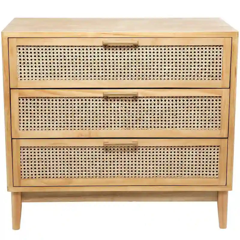 3-Drawer Wood Storage Cabinet with Cane Front Drawers and Gold Handles - Light Brown or Black