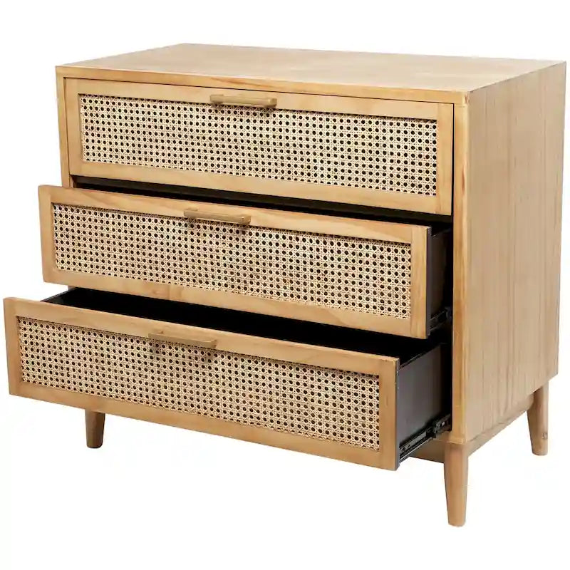 3-Drawer Wood Storage Cabinet with Cane Front Drawers and Gold Handles - Light Brown or Black
