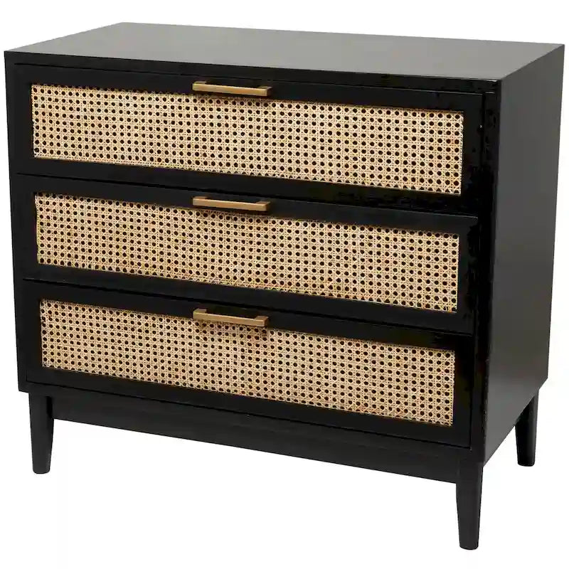 3-Drawer Wood Storage Cabinet with Cane Front Drawers and Gold Handles - Light Brown or Black