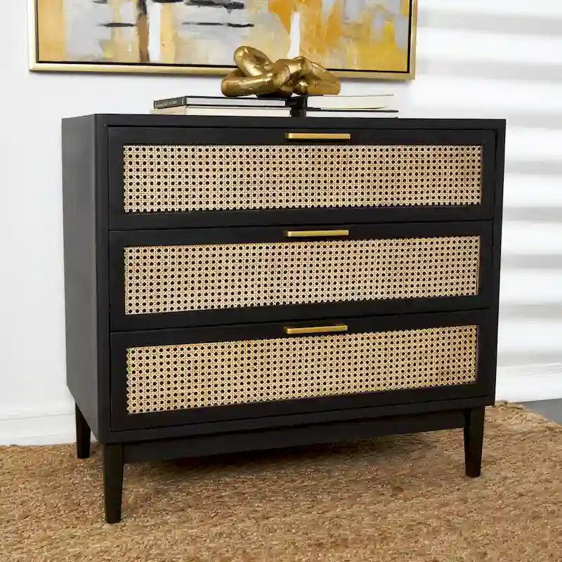 3-Drawer Wood Storage Cabinet with Cane Front Drawers and Gold Handles - Light Brown or Black