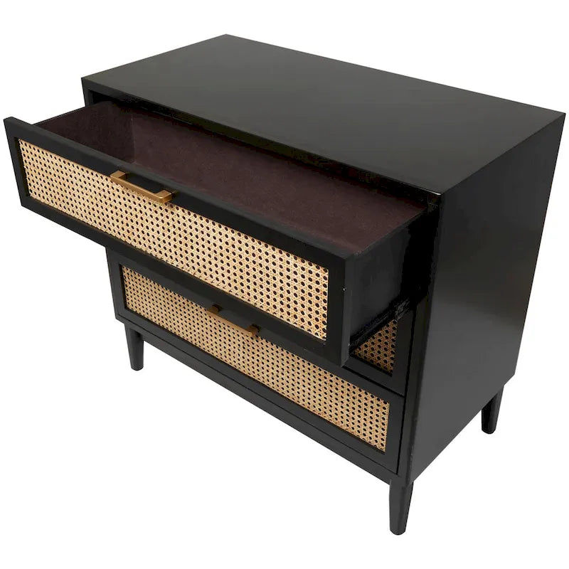 3-Drawer Wood Storage Cabinet with Cane Front Drawers and Gold Handles - Light Brown or Black