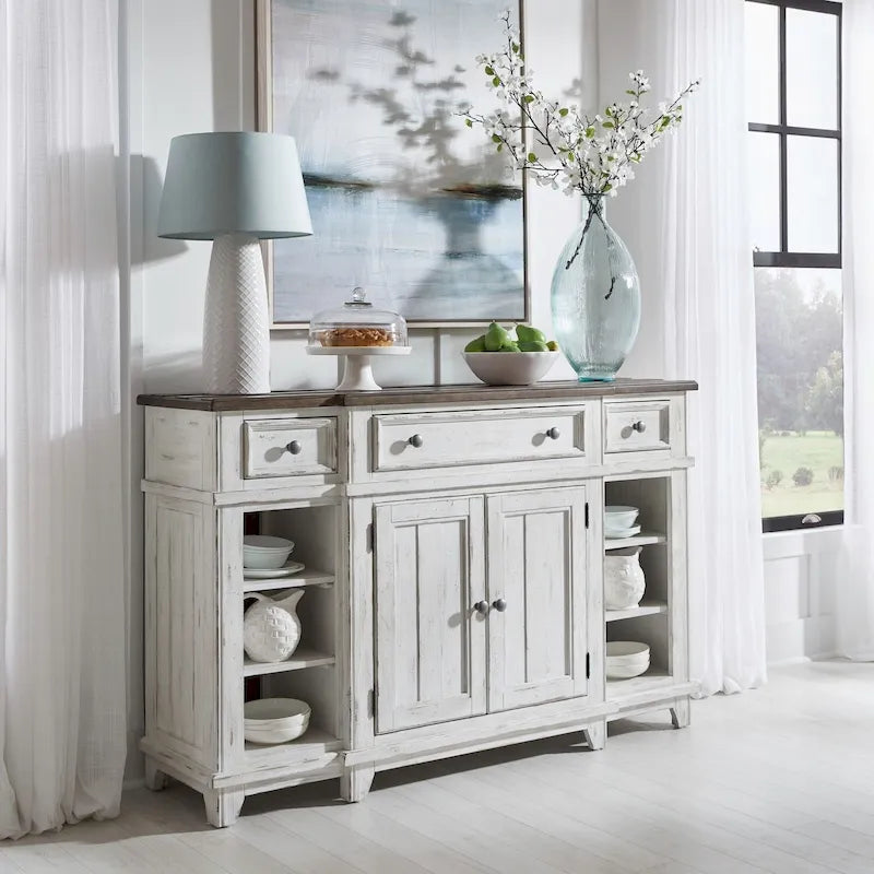 Distressed White Breakfront Server with Drawers, Cabinet Doors and Open Shelves