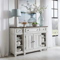 Distressed White Breakfront Server with Drawers, Cabinet Doors and Open Shelves
