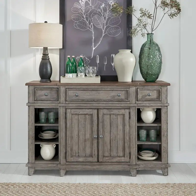 Distressed White Breakfront Server with Drawers, Cabinet Doors and Open Shelves