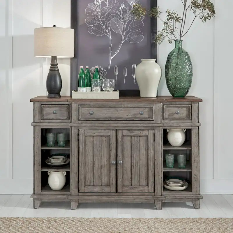 Distressed White Breakfront Server with Drawers, Cabinet Doors and Open Shelves