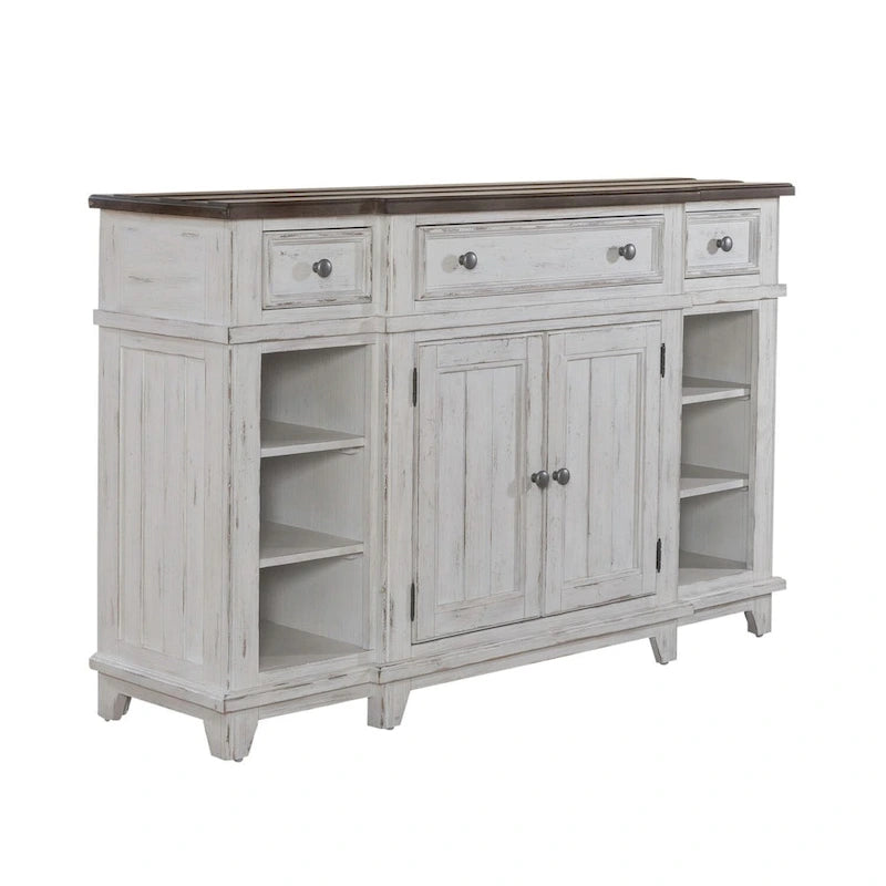 Distressed White Breakfront Server with Drawers, Cabinet Doors and Open Shelves