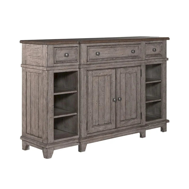 Distressed White Breakfront Server with Drawers, Cabinet Doors and Open Shelves