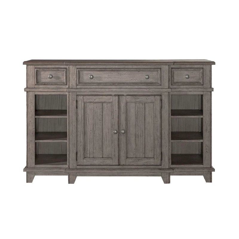 Distressed White Breakfront Server with Drawers, Cabinet Doors and Open Shelves