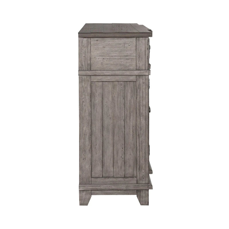 Distressed White Breakfront Server with Drawers, Cabinet Doors and Open Shelves
