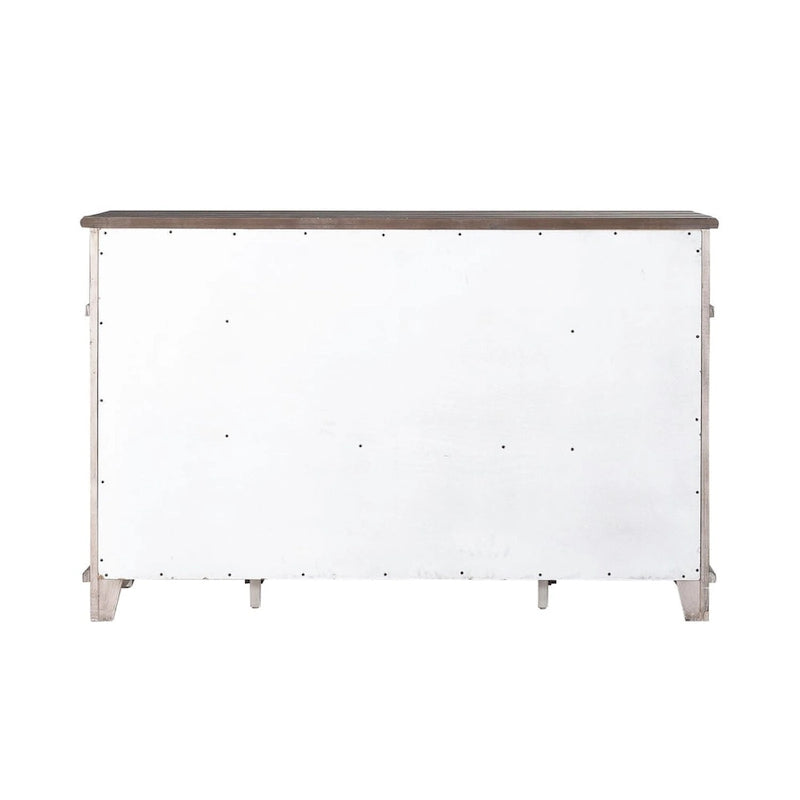 Distressed White Breakfront Server with Drawers, Cabinet Doors and Open Shelves