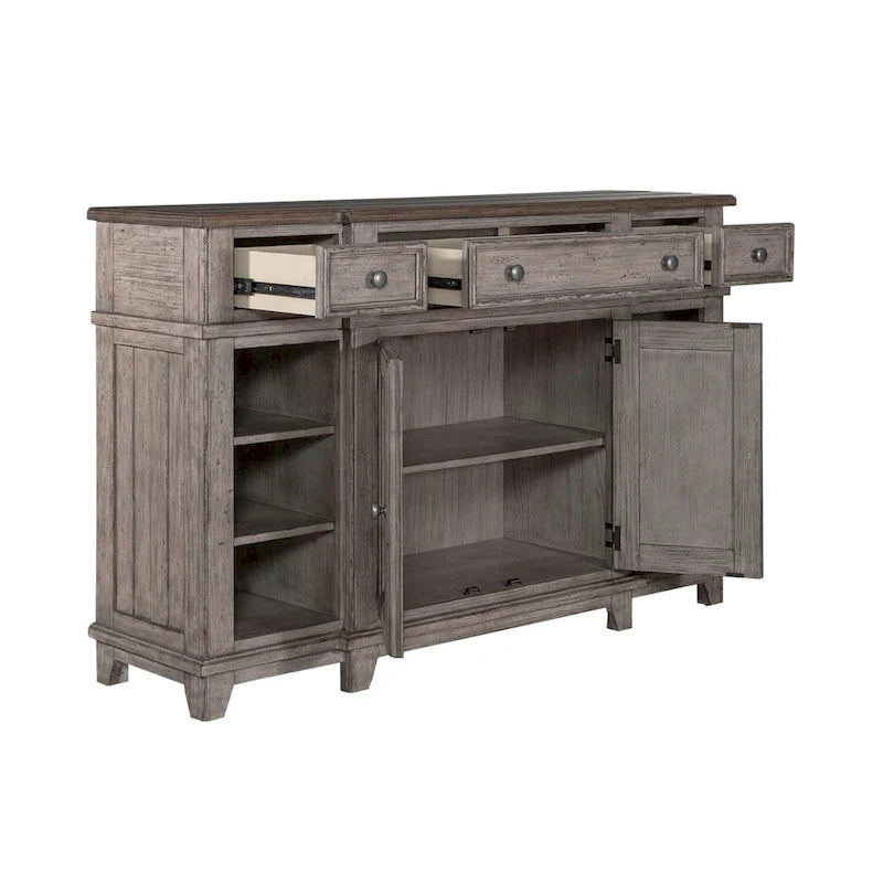 Distressed White Breakfront Server with Drawers, Cabinet Doors and Open Shelves