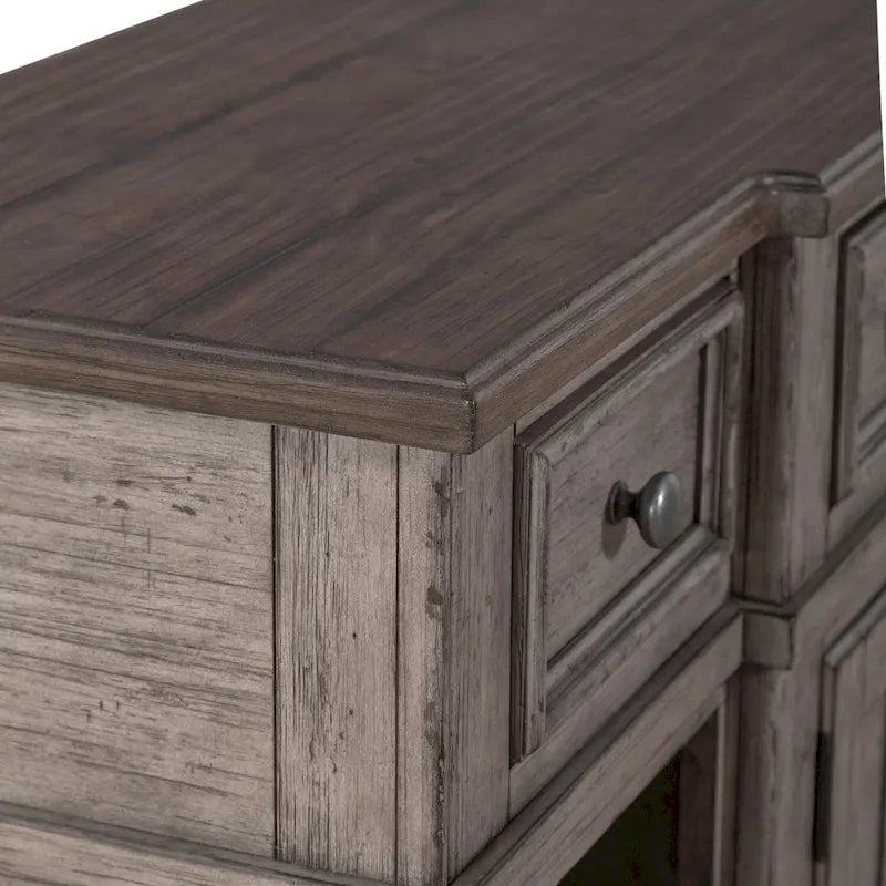 Distressed White Breakfront Server with Drawers, Cabinet Doors and Open Shelves