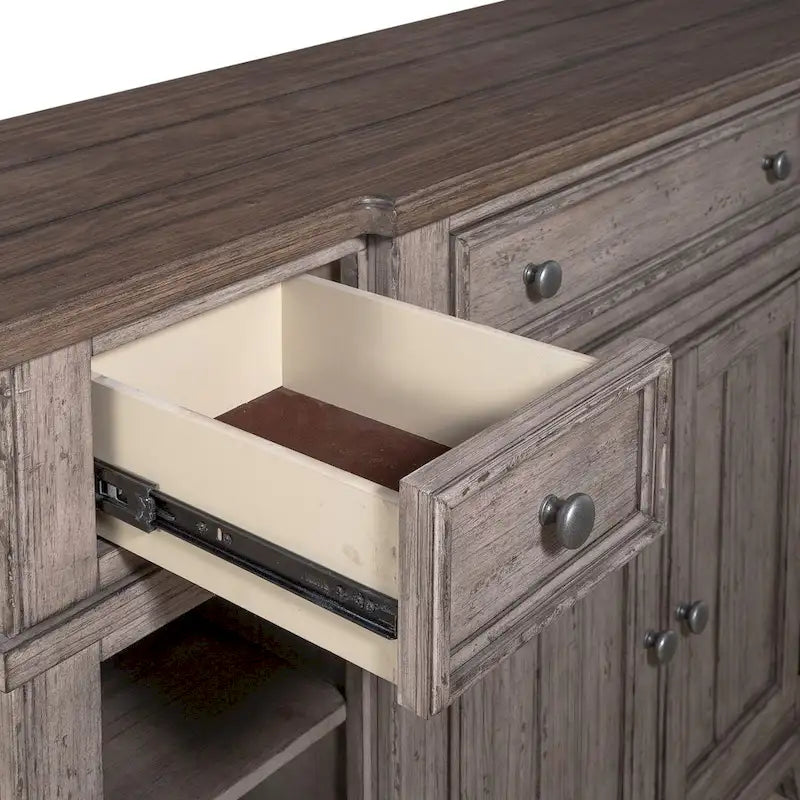 Distressed White Breakfront Server with Drawers, Cabinet Doors and Open Shelves