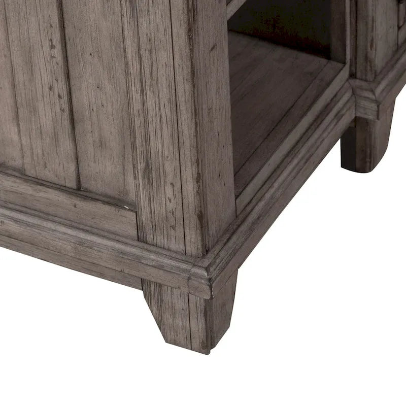Distressed White Breakfront Server with Drawers, Cabinet Doors and Open Shelves