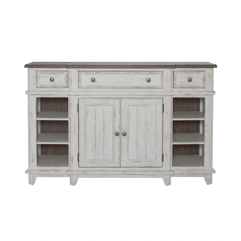 Distressed White Breakfront Server with Drawers, Cabinet Doors and Open Shelves