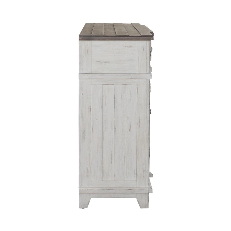 Distressed White Breakfront Server with Drawers, Cabinet Doors and Open Shelves
