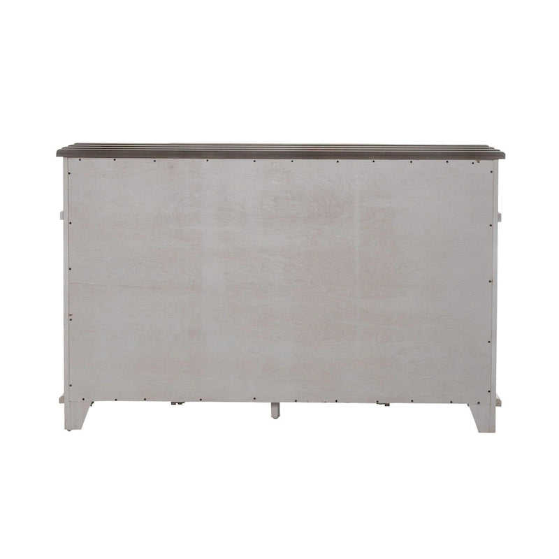 Distressed White Breakfront Server with Drawers, Cabinet Doors and Open Shelves