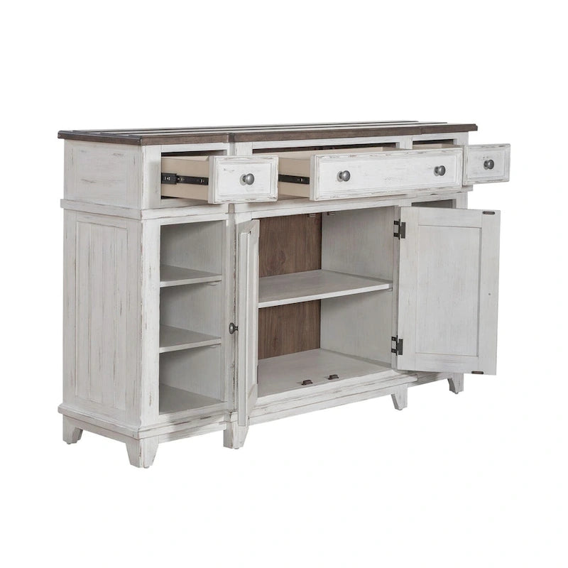 Distressed White Breakfront Server with Drawers, Cabinet Doors and Open Shelves
