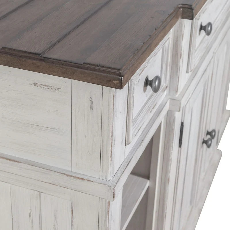Distressed White Breakfront Server with Drawers, Cabinet Doors and Open Shelves