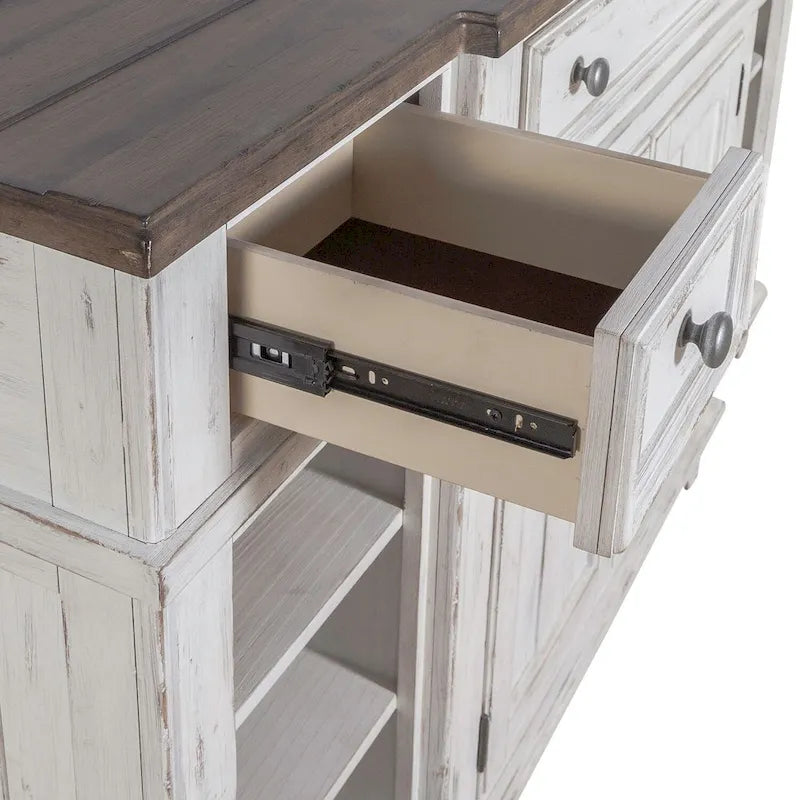 Distressed White Breakfront Server with Drawers, Cabinet Doors and Open Shelves