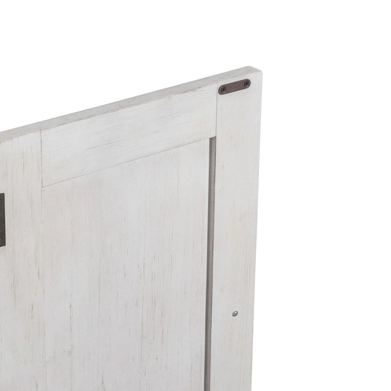 Distressed White Breakfront Server with Drawers, Cabinet Doors and Open Shelves