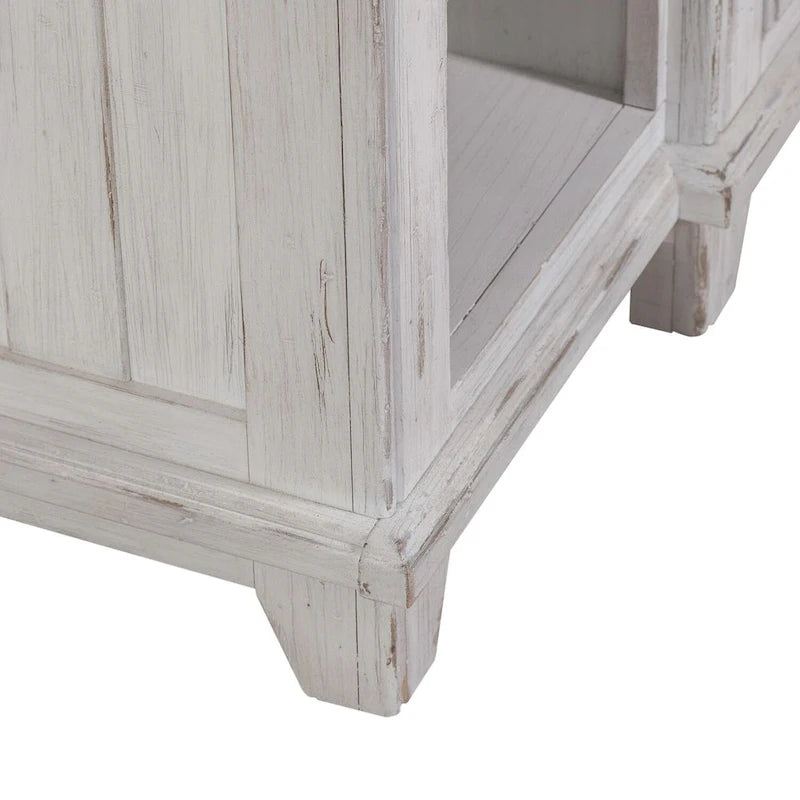 Distressed White Breakfront Server with Drawers, Cabinet Doors and Open Shelves