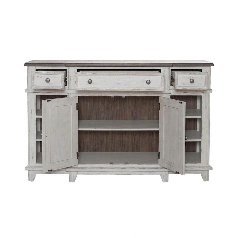 Distressed White Breakfront Server with Drawers, Cabinet Doors and Open Shelves
