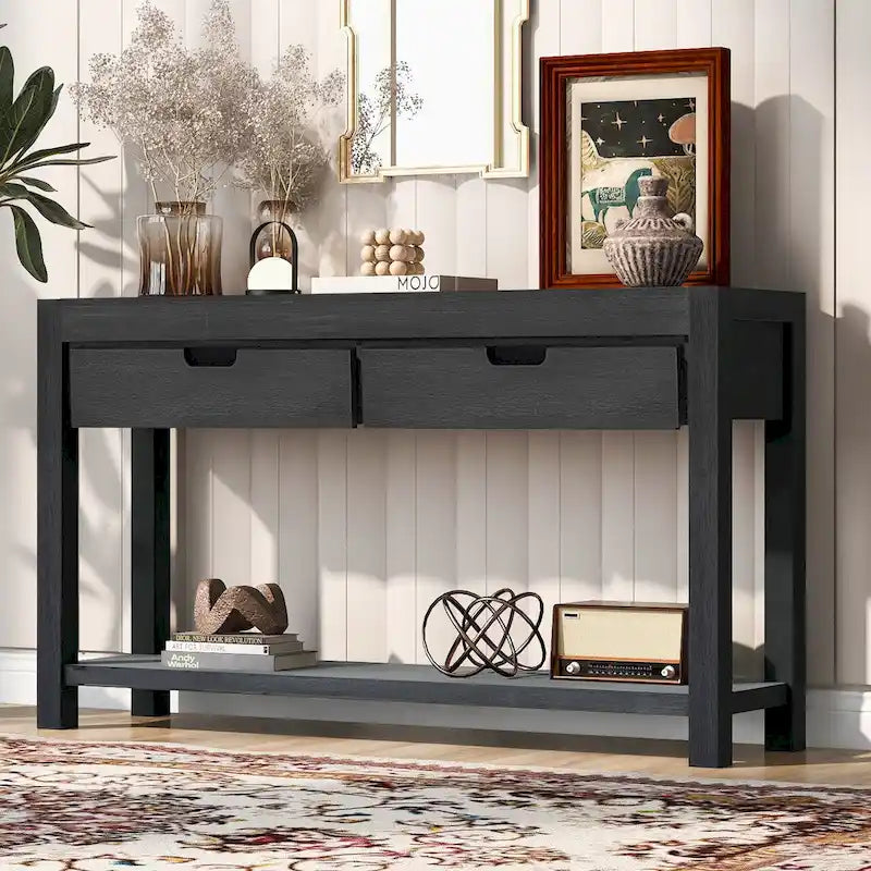 Console Table with 2 Drawers and Bottom Shelf for Entryway - Black