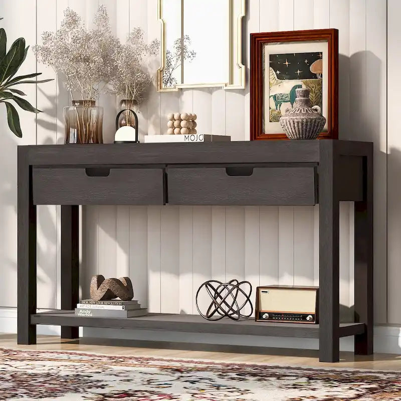 Console Table with 2 Drawers and Bottom Shelf for Entryway - Black