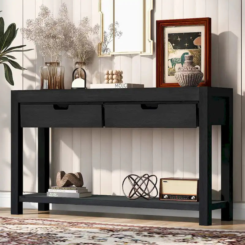 Console Table with 2 Drawers and Bottom Shelf for Entryway - Black