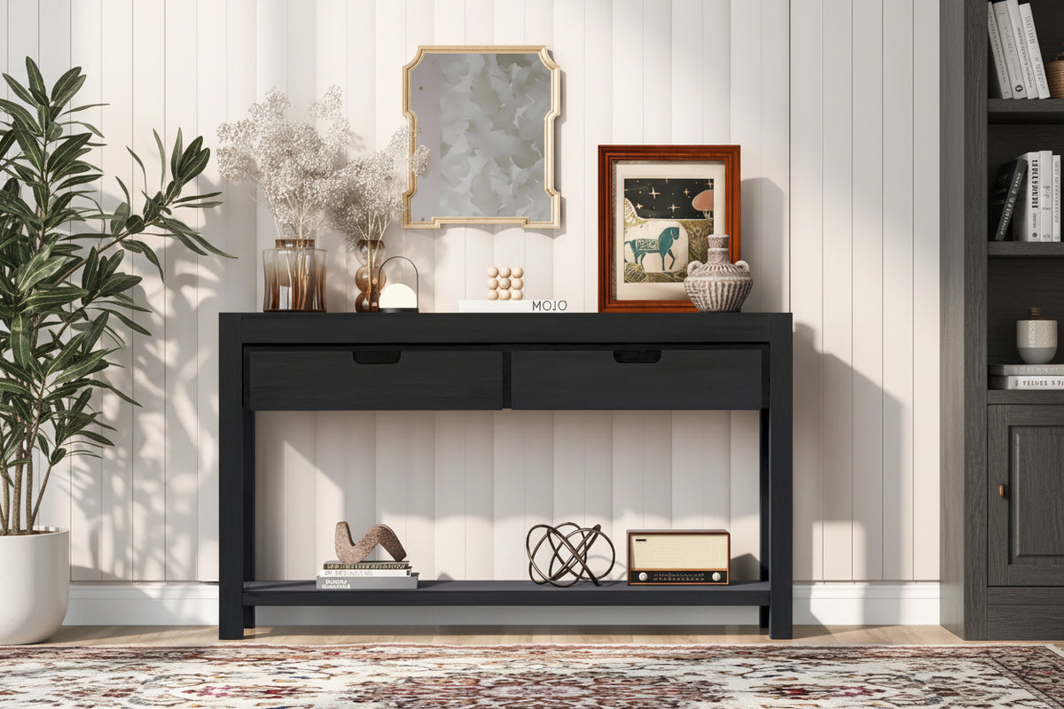 Console Table with 2 Drawers and Bottom Shelf for Entryway - Black