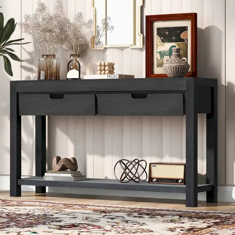 Console Table with 2 Drawers and Bottom Shelf for Entryway - Black
