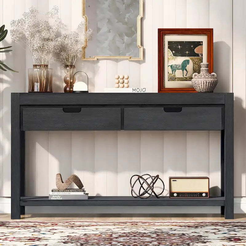 Console Table with 2 Drawers and Bottom Shelf for Entryway - Black