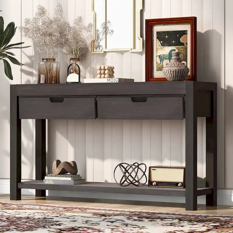 Console Table with 2 Drawers and Bottom Shelf for Entryway - Black
