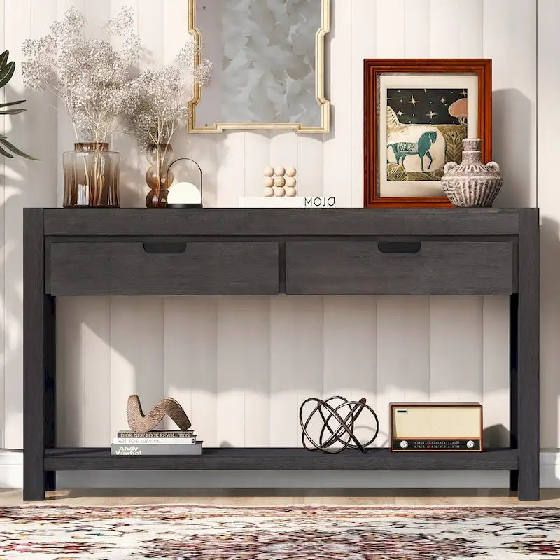 Console Table with 2 Drawers and Bottom Shelf for Entryway - Black