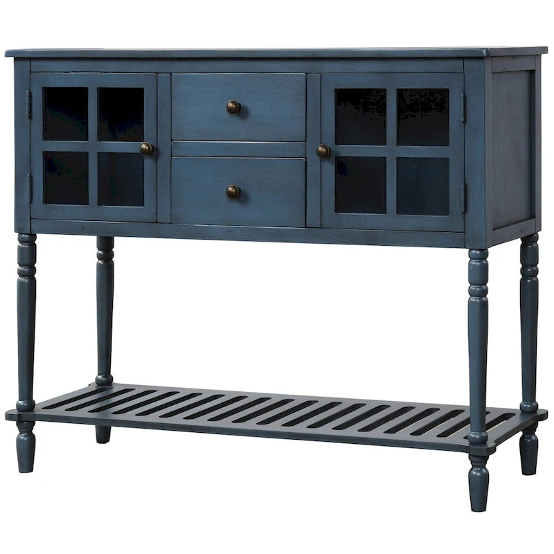 Farmhouse Wood Glass Sideboard Console Table with Bottom Shelf